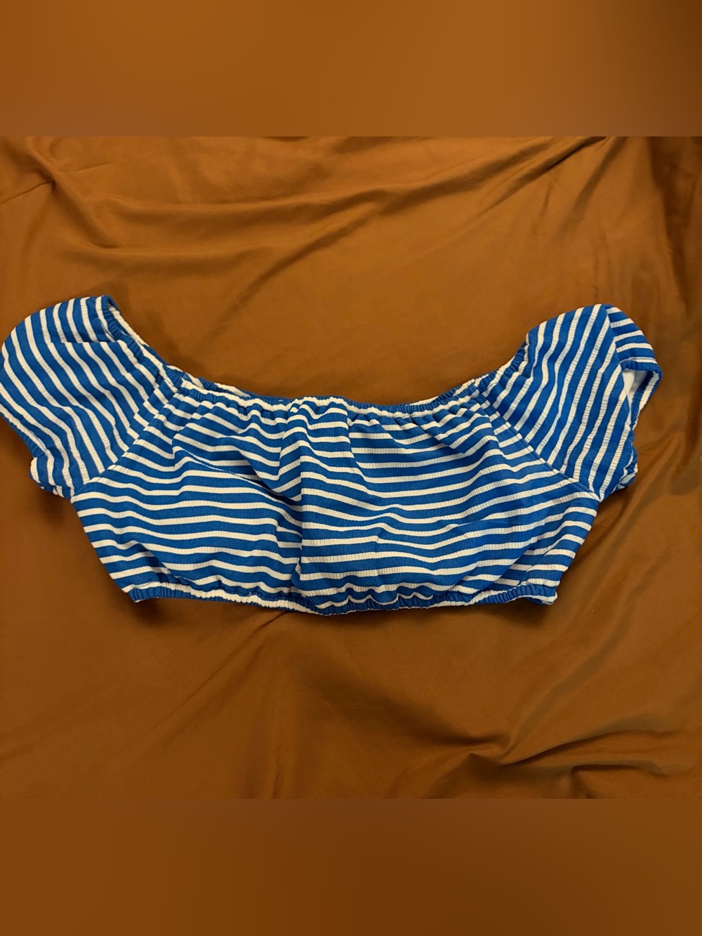 Blue & White Striped Women’s Swim Top - Off-Shoulder Bikini Style